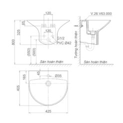 Chậu rửa lavabo treo tường Viglacera V63 liền khối