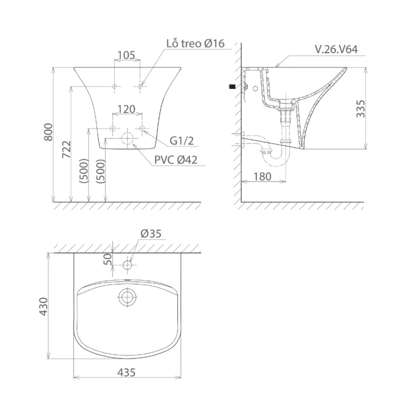 Chậu rửa lavabo Viglacera V64 Chậu rửa lavabo treo tường Viglacera V64 liền khối