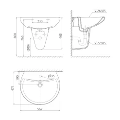 Chậu rửa lavabo treo tường Viglacera VI5 chân lửng 12 Chậu rửa lavabo treo tường Viglacera VI5 chân lửng