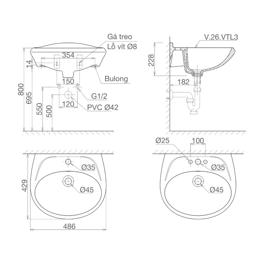 Chậu rửa lavabo treo tường Viglacera VTL3 7 Chậu rửa lavabo treo tường Viglacera VTL3