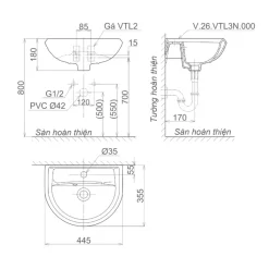 Chậu rửa lavabo treo tường Viglacera VTL3N 12 Chậu rửa lavabo treo tường Viglacera VTL3N