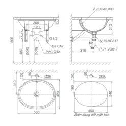 Chậu lavabo âm bàn Viglacera CA2