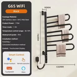 Giàn sấy khăn tắm khăn mặt màu đen kết nối APP điện thoại thông minh Miken G65B 14 Giàn sấy khăn tắm khăn mặt màu đen kết nối APP điện thoại thông minh Miken G65B