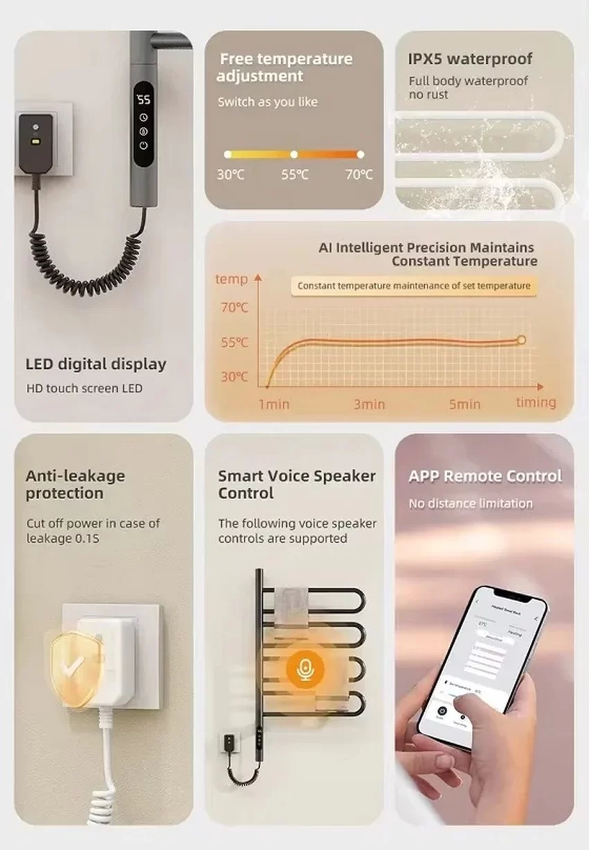 Giàn sấy khăn tắm khăn mặt màu đen kết nối APP điện thoại thông minh Miken G65B 8 Giàn sấy khăn tắm khăn mặt màu đen kết nối APP điện thoại thông minh Miken G65B