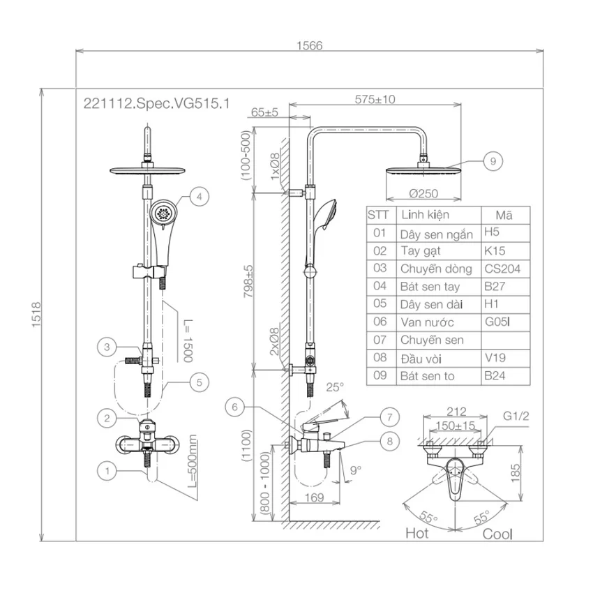 Sen cây nóng lạnh Viglacera VG515.1 - SKU VG515.1 Sen cây nóng lạnh Viglacera VG515.1