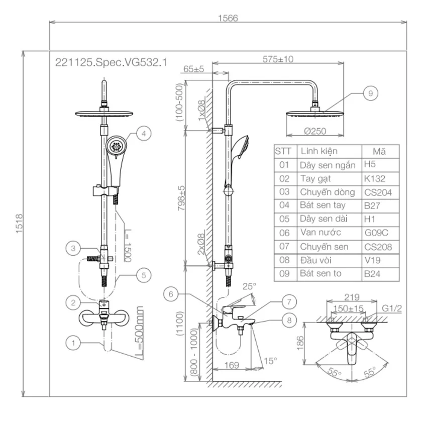Thiết Kế Sen Ghép Nóng Lạnh Có Vòi Viglacera VG532.1 Thiết Kế Sen Ghép Nóng Lạnh Có Vòi Viglacera VG532.1