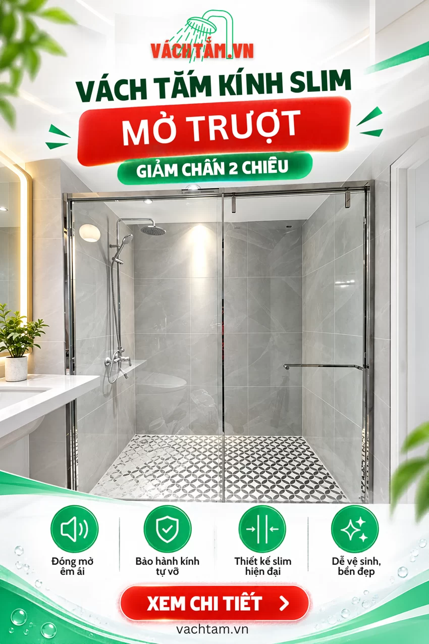 Vách tắm kính Slim mở trượt giảm chấn 2 chiều